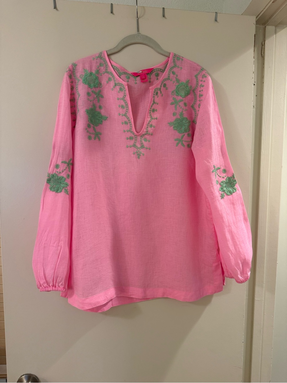 Women’s Pink Embroidered Linen Long Sleeve Tunic Top
